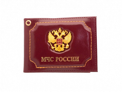 Обложка на удостоверение с эмблемой МЧС России герб РФ из натуральной кожи, цвет бордовый
