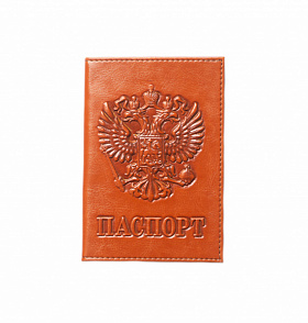 Обложка на паспорт с гербом натуральная кожа флотер, цвет капучино